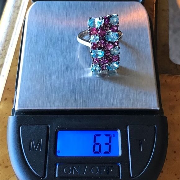 Natural Rhodolite Garnet Blue Zircon Sterling Silver Cocktail Ring Size 6 - Picture 6 of 9